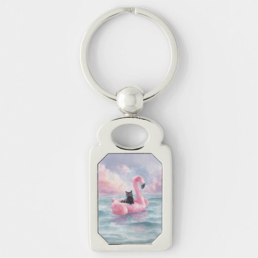 Whimsical Black Cat Flamingo Float Sleutelhanger (Voorkant)