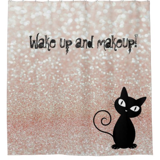 Whimsical Black Cat Glittery Wake up and make-up Douchegordijn (Voorkant)