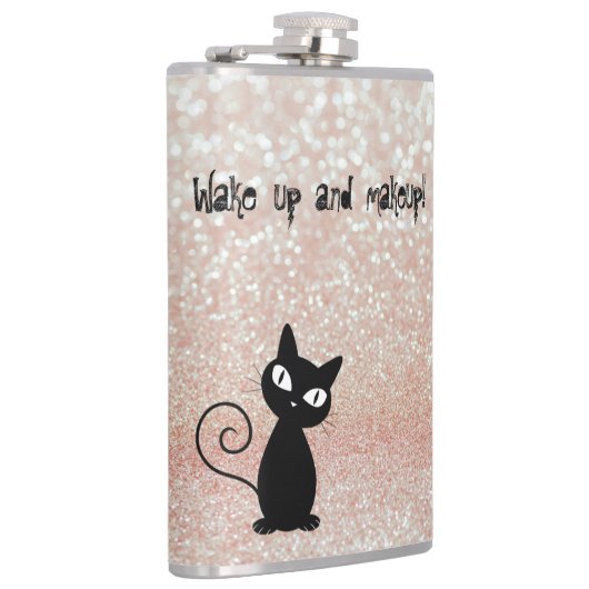 Whimsical Black Cat Glittery Wake up and make-up Heupfles (Rechts)