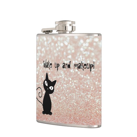 Whimsical Black Cat Glittery Wake up and make-up Heupfles (Links)