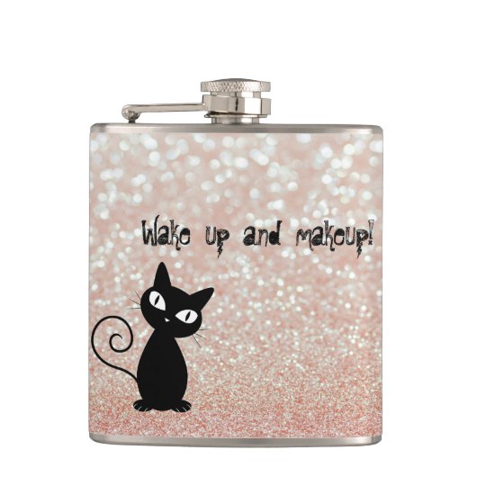 Whimsical Black Cat Glittery Wake up and make-up Heupfles (Voorkant)