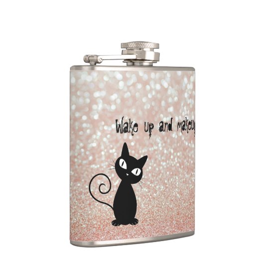 Whimsical Black Cat Glittery Wake up and make-up Heupfles (Rechts)