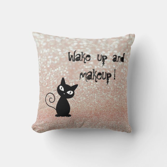 Whimsical Black Cat Glittery Wake up and make-up Kussen (Voorkant)