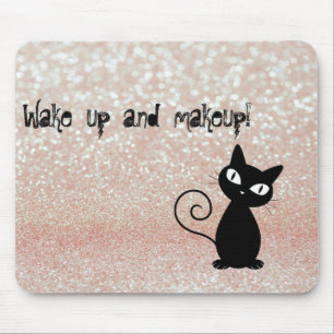 Whimsical Black Cat Glittery Wake up and make-up Muismat
