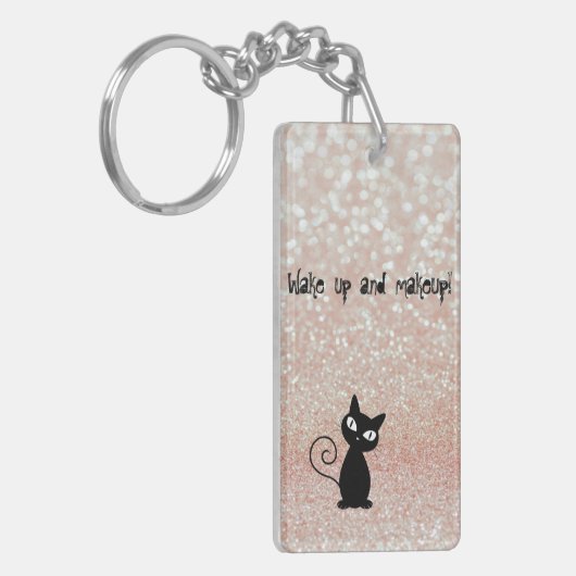 Whimsical Black Cat Glittery Wake up and make-up Sleutelhanger (Voorkant Links)