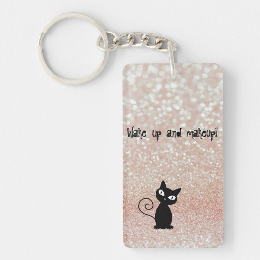 Whimsical Black Cat Glittery Wake up and make-up Sleutelhanger (Voorkant)