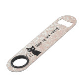 Whimsical Black Cat Glittery Wake up and make-up Speed Flessenopener (Voorkant Gekanteld)