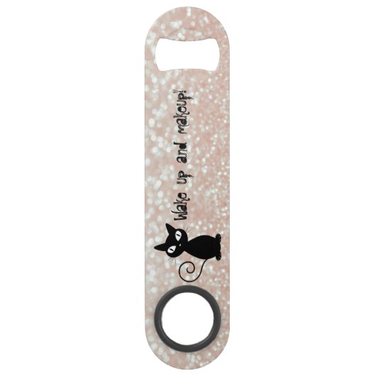 Whimsical Black Cat Glittery Wake up and make-up Speed Flessenopener (Voorkant)