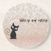 Whimsical Black Cat Glittery Wake up and make-up Zandsteen Onderzetter (Voorkant)