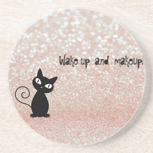 Whimsical Black Cat Glittery Wake up and make-up Zandsteen Onderzetter (Voorkant)