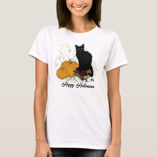 Whimsical Black Cat Halloween T-Shirt (Voorkant)