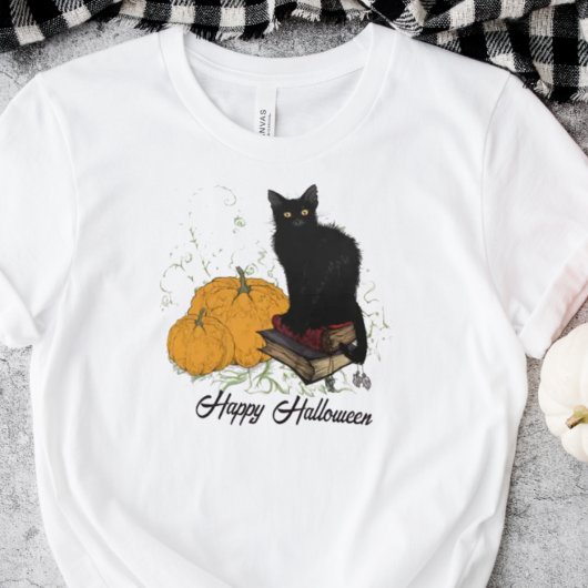Whimsical Black Cat Halloween T-Shirt