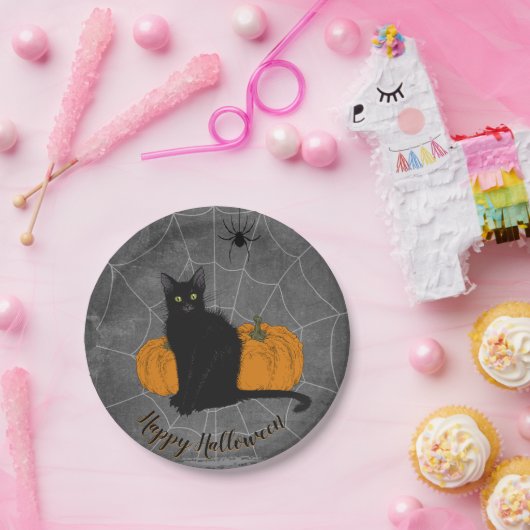 Whimsical Black Cat Happy Halloween Party Papieren Bordje (Feest)
