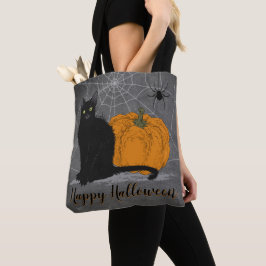 Whimsical Black Cat Happy Halloween Tote Bag