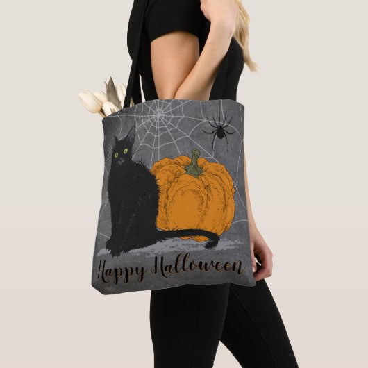 Whimsical Black Cat Happy Halloween Tote Bag (Dichtbij)