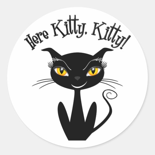 Whimsical Black Cat Hier Kat, Kat! Ronde Sticker (Voorkant)