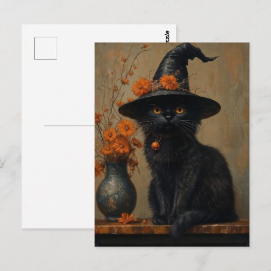 Whimsical  Black Cat in olieverfstijl Briefkaart (Voorkant / Achterkant)