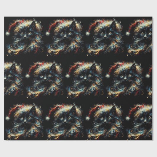 Whimsical Black Cat Santa Christmas Hat Decoupage Cadeaupapier (Vlak)
