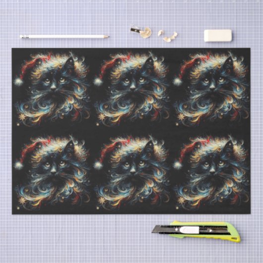 Whimsical Black Cat Santa Christmas Hat Decoupage Tissuepapier (Craft)