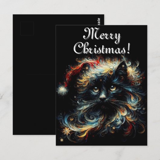 Whimsical Black Cat Santa Christmas Pet Seizoensge Briefkaart (Voorkant / Achterkant)