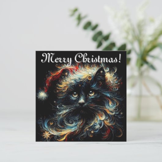 Whimsical Black Cat Santa Christmas Pet Seizoensge Feestdagenkaart (Staand voorkant)