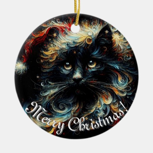 Whimsical Black Cat Santa Christmas Pet Seizoensge Keramisch Ornament (Voorkant)