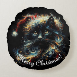 Whimsical Black Cat Santa Christmas Pet Seizoensge Rond Kussen