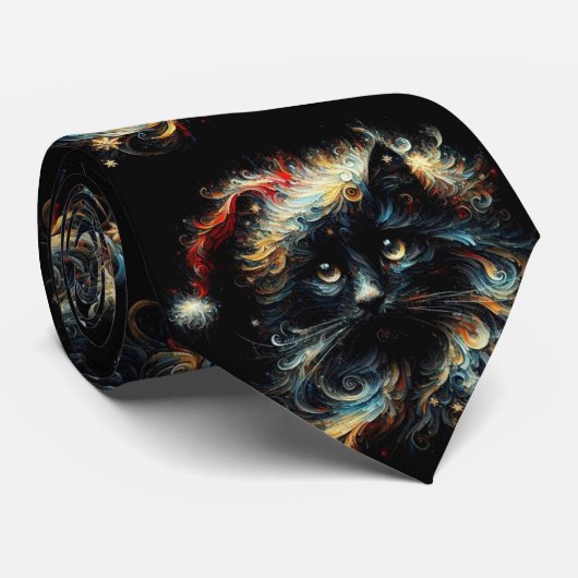 Whimsical Black Cat Santa Christmas Pet Seizoensge Stropdas (Opgerold)