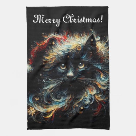 Whimsical Black Cat Santa Christmas Pet Seizoensge Theedoek (Verticaal)