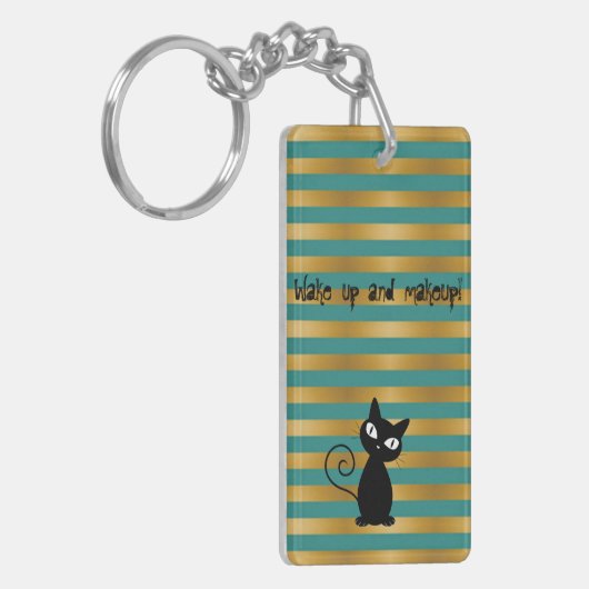 Whimsical Black Cat, Stripes Wake up and make-up Sleutelhanger (Voorkant Links)