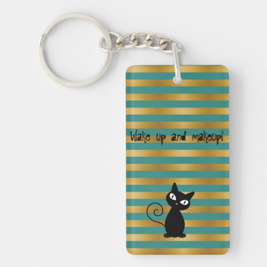 Whimsical Black Cat, Stripes Wake up and make-up Sleutelhanger (Voorkant)