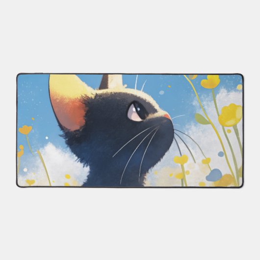Whimsical Black Cat Sunny Yellow Buttercup Sky Bureaumat (Voorkant)