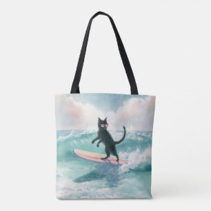 Whimsical Black Cat Surfer Tas