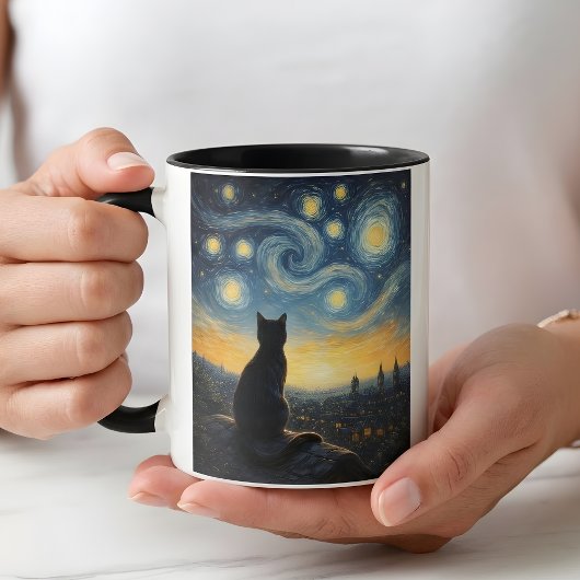 Whimsical Black Cat & Swirling Sky Art Coffee Cup Mok