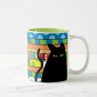 Whimsical Black Cat "The Fat Cat" Tweekleurige Koffiemok