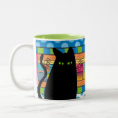Whimsical Black Cat "The Fat Cat" Tweekleurige Koffiemok (Links)