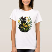 Whimsical Black Cat with Yellow Flowers T-shirt (Voorkant)
