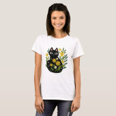 Whimsical Black Cat with Yellow Flowers T-shirt (Voorkant volledig)