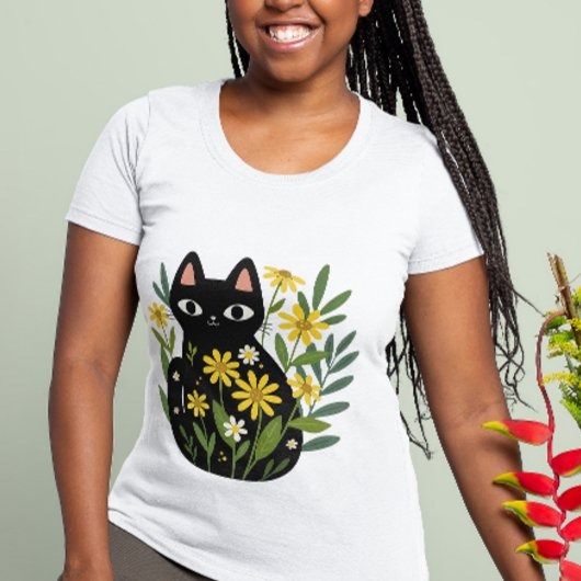 Whimsical Black Cat with Yellow Flowers T-shirt