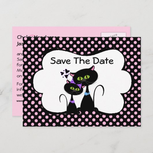 Whimsical Black Cats Wedden Save the Date Aankondigingskaart (Voorkant / Achterkant)