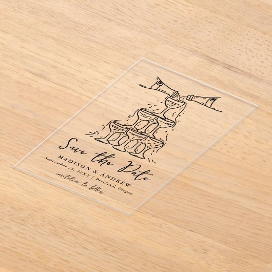 Whimsical Black Champagne Tower Bewaar de datum Acryl Uitnodigingen (Laagn)