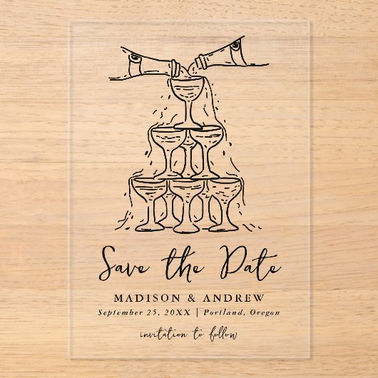 Whimsical Black Champagne Tower Bewaar de datum Acryl Uitnodigingen (Voorkant)