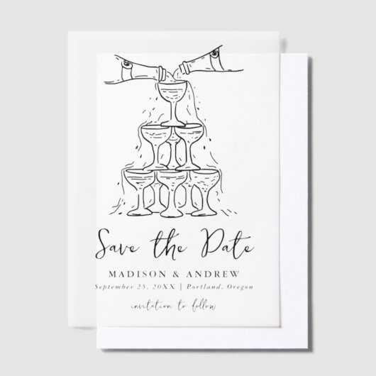 Whimsical Black Champagne Tower Bewaar de datum Vellum Uitnodigingen (Offset)