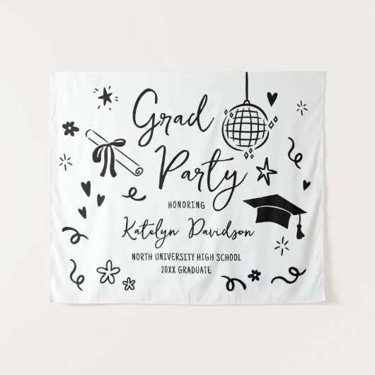 Whimsical Black Doodle Custom Grad Party Backdrop Wandkleed (Voorkant (horizontaal))