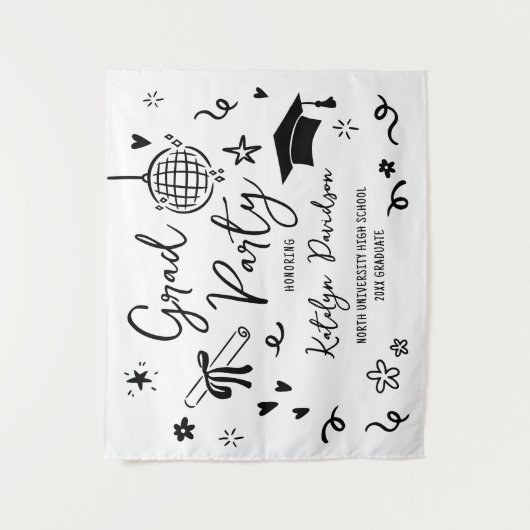 Whimsical Black Doodle Custom Grad Party Backdrop Wandkleed (Voorkant)