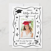 Whimsical Black Doodle Photo Grad Party Kaart (Voorkant)