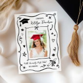 Whimsical Black Doodle Photo Grad Party Kaart