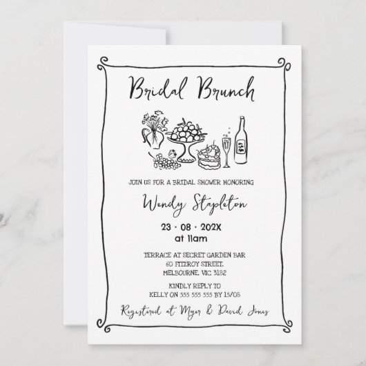 Whimsical Black Drawn Bridal Brunch Vrijgezellenfe Kaart (Voorkant)