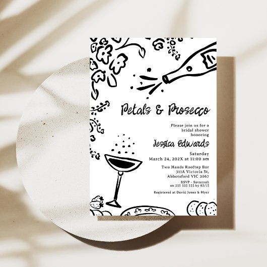 Whimsical Black Drawn Petal Prosecco Vrijgezellenf Kaart