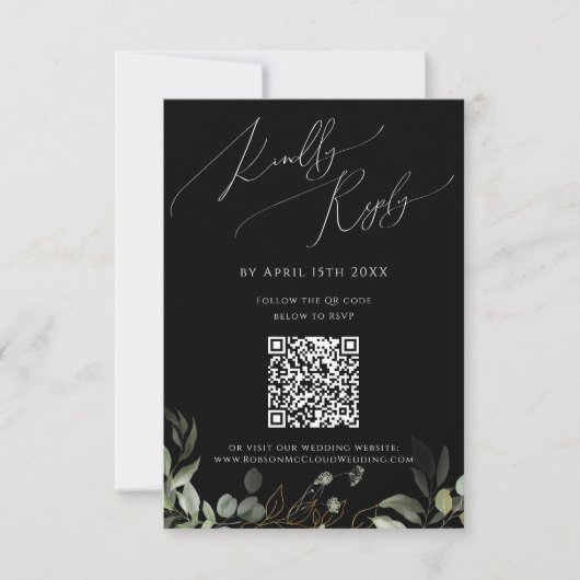 Whimsical Black en Gold QR Code RSVP Kaartje (Voorkant)